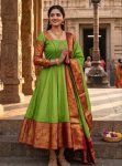 TRADITIONAL KANCHI COTTON ZARI KANCHI BORDER WORK GOWN WITH DUPATTA PARROT GREEN