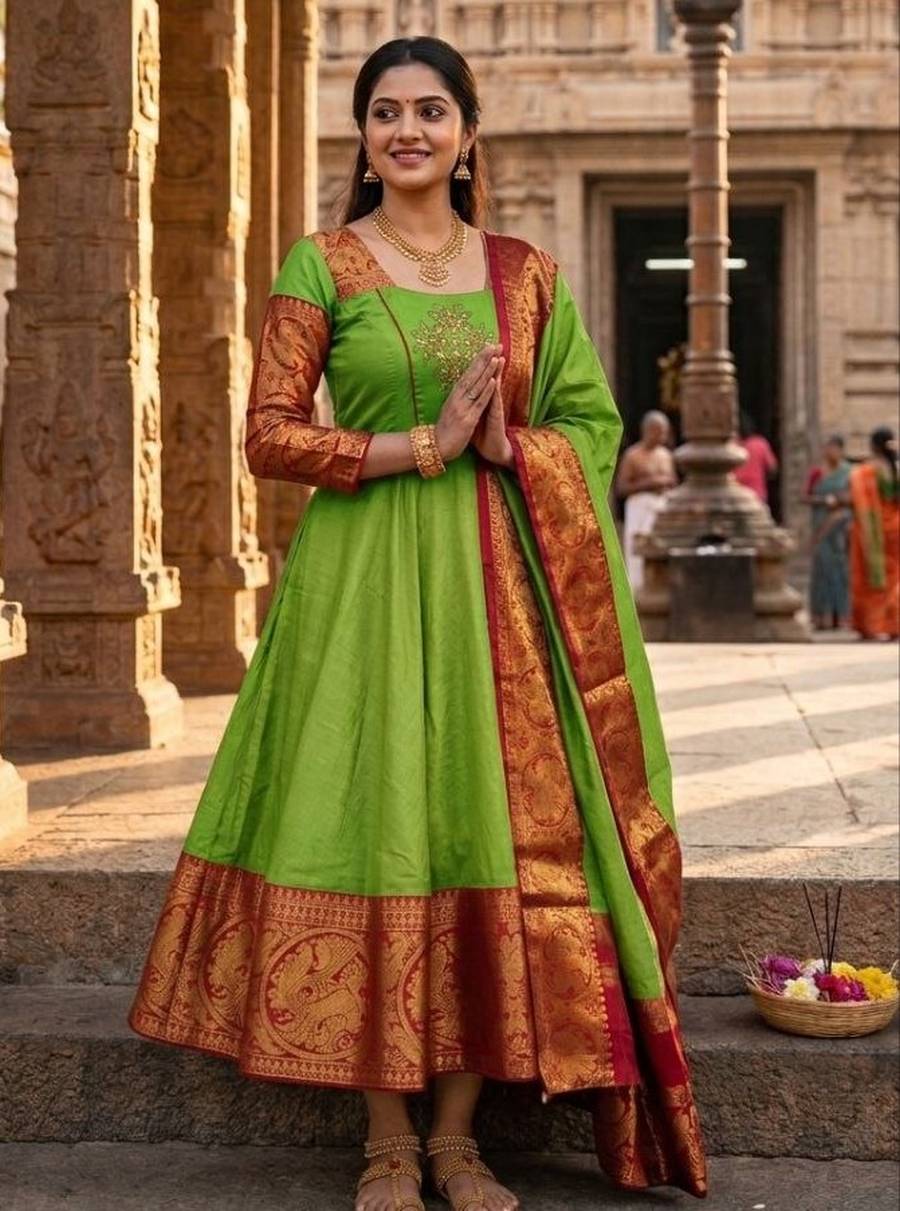 TRADITIONAL KANCHI COTTON ZARI KANCHI BORDER WORK GOWN WITH DUPATTA WEDDING WEAR WHOLESALE PRICE ETHNIC GARMENT (6)