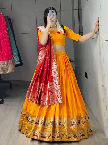 TRADITIONAL PAITHANI SILK ZARI WEAVING WORK WITH CONTRAST BORDER AND FLORALS WORK LEHENGA CHOLI WITH DUPATTA YELLOW
