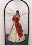 TRADITIONAL SILK DIGITAL PRINTED BLOUSE AND SAREE WITH PLAIN STITCHED LEHENGA CREAM AND MAROON