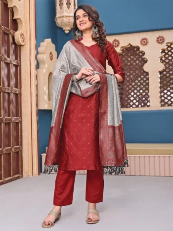 TRADITIONAL SILK JACQUARD WOVEN WORK TOP BOTTOM WITH DUPATTA MAROON