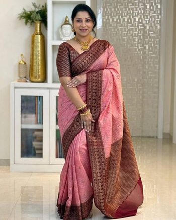 TRENDING BANARASI LICHI SILK JACQUARD WORK SAREE WITH UNSTITCHED BLOUSE BABY PINK