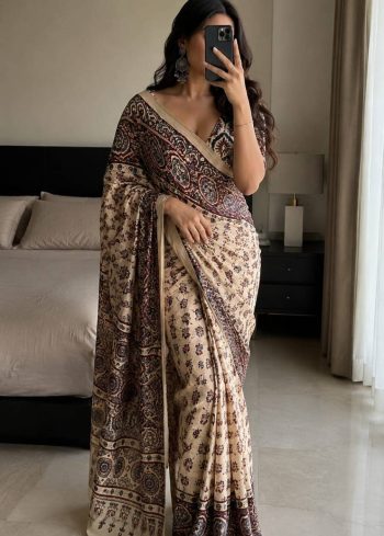 TRENDING CHINON AJRAK DIGITAL PRINT WITH REAL MIRROR WORK WITH KODI LACE BORDER SAREE WITH UNSTITCHED BLOUSE OFF WHITE