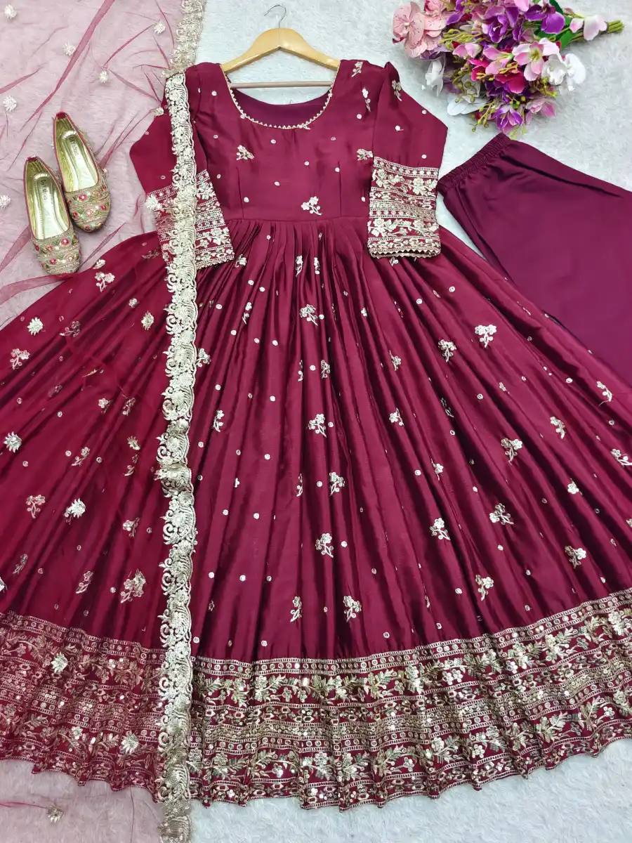 TRENDING CHINON SILK EMBROIDERY 5 MM SEQUENCE WORK GOWN BOTTOM WITH DUPATTA FESTIVE WEAR WHOLESALE PRICE ETHNIC GARMENT (1)
