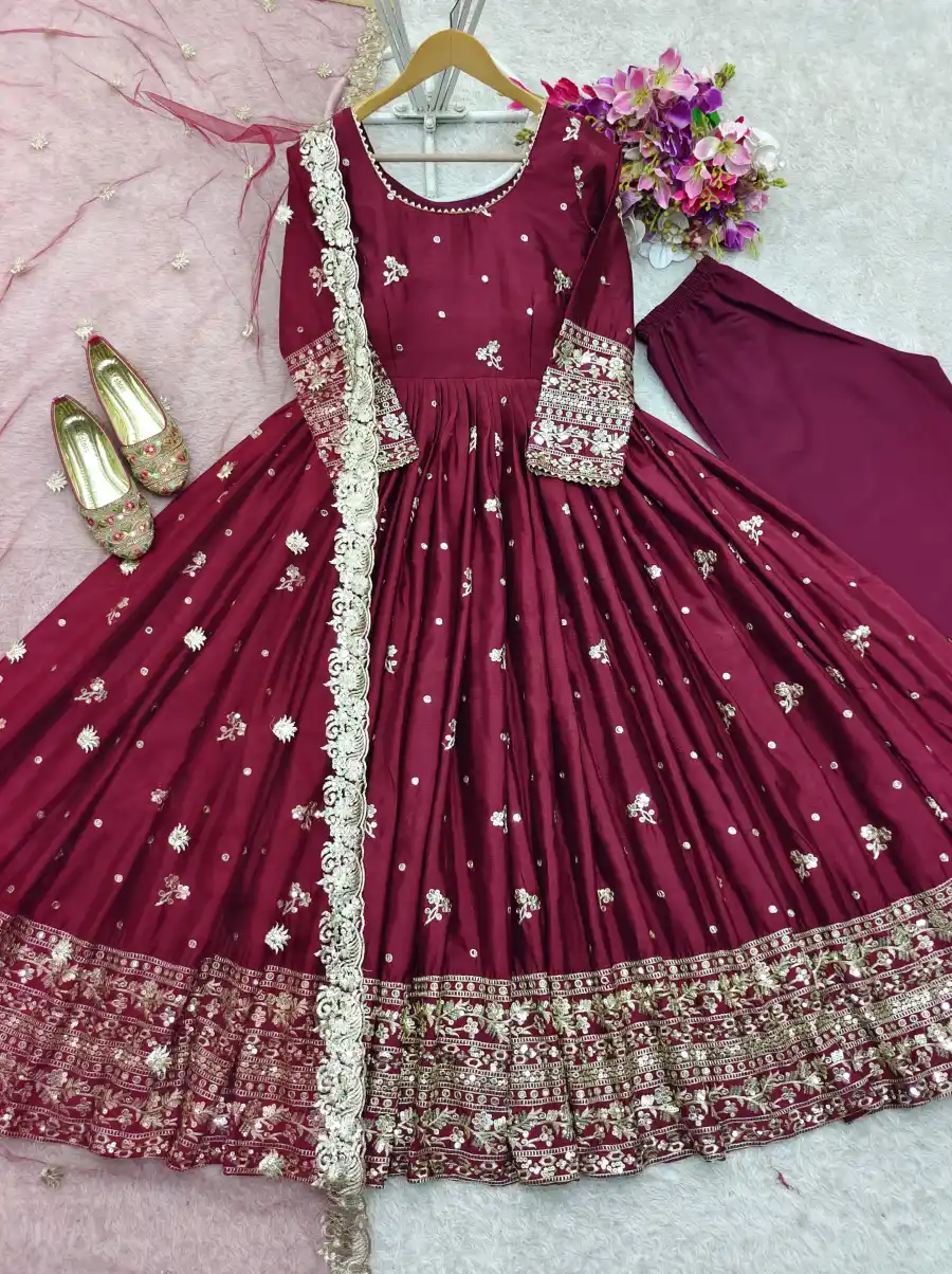 TRENDING CHINON SILK EMBROIDERY 5 MM SEQUENCE WORK GOWN BOTTOM WITH DUPATTA FESTIVE WEAR WHOLESALE PRICE ETHNIC GARMENT (11)
