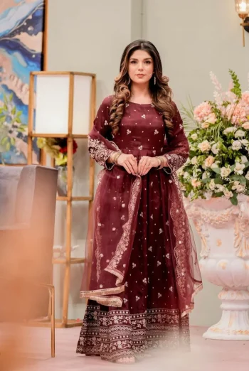TRENDING CHINON SILK EMBROIDERY 5 MM SEQUENCE WORK GOWN BOTTOM WITH DUPATTA MAROON