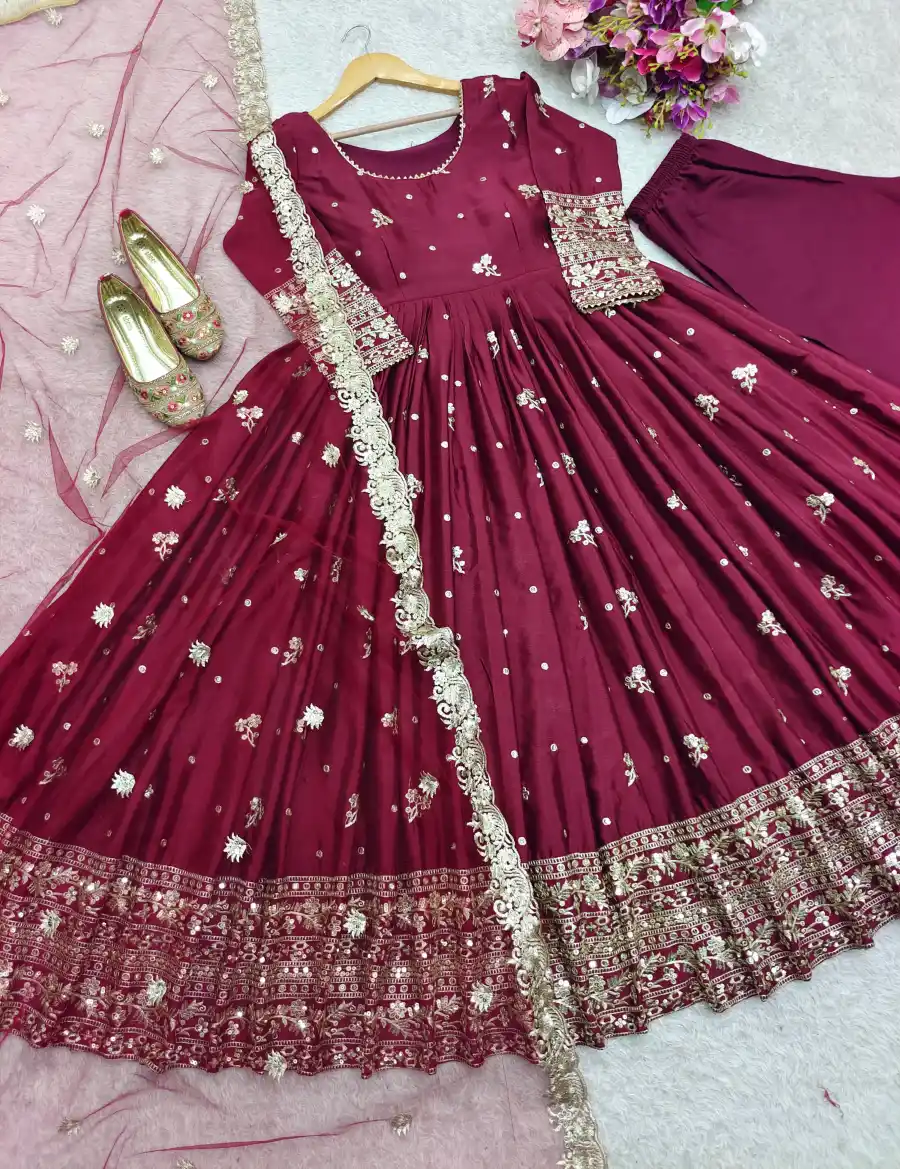 TRENDING CHINON SILK EMBROIDERY 5 MM SEQUENCE WORK GOWN BOTTOM WITH DUPATTA FESTIVE WEAR WHOLESALE PRICE ETHNIC GARMENT (8)