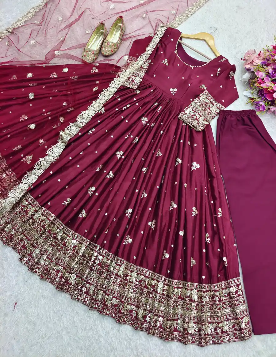 TRENDING CHINON SILK EMBROIDERY 5 MM SEQUENCE WORK GOWN BOTTOM WITH DUPATTA FESTIVE WEAR WHOLESALE PRICE ETHNIC GARMENT (9)