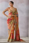 TRENDING CHINON SILK KALAMKARI PRINTED WITH REAL MIRROR ,HAND EMBROIDERY WITH PIPING WORK SAREE WITH UNSTITCHED BLOUSE MULTI