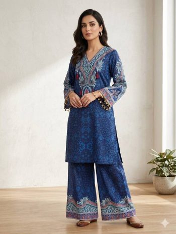 TRENDING CREPE SILK PRINTED WITH TUSSLES WORK CO-ORD SET BLUE