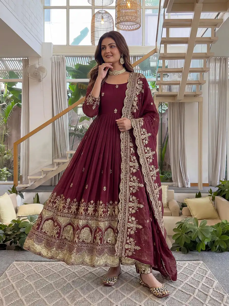 TRENDING CRUNCHY SILK EMBROIDERY SEQUENCE ZARI WORK GOWN BOTTOM WITH DUPATTA FESTIVE WEAR WHOLESALE PRICE ETHNIC GARMENT (2)
