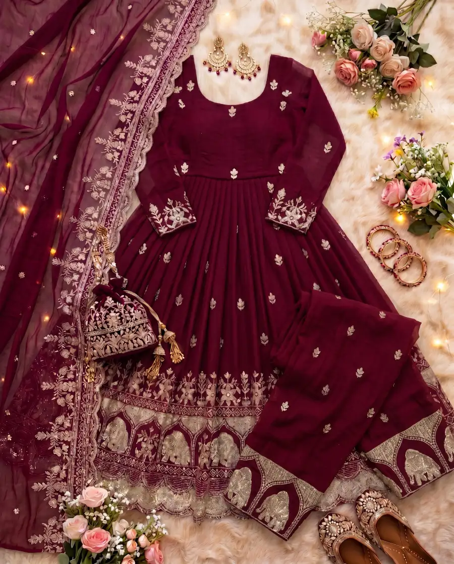 TRENDING CRUNCHY SILK EMBROIDERY SEQUENCE ZARI WORK GOWN BOTTOM WITH DUPATTA FESTIVE WEAR WHOLESALE PRICE ETHNIC GARMENT (5)