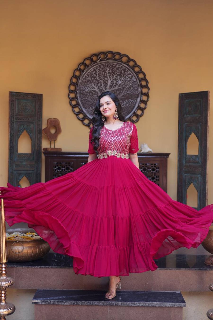 TRENDING FAUX BLOOMING EMBROIDERY ZARI SEQUENCE WORK GOWN FESTIVE WEAR WHOLESALE PRICE ETHNIC GARMENT (2)
