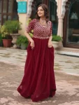 TRENDING FAUX BLOOMING EMBROIDERY ZARI SEQUENCE  WORK GOWN MAROON