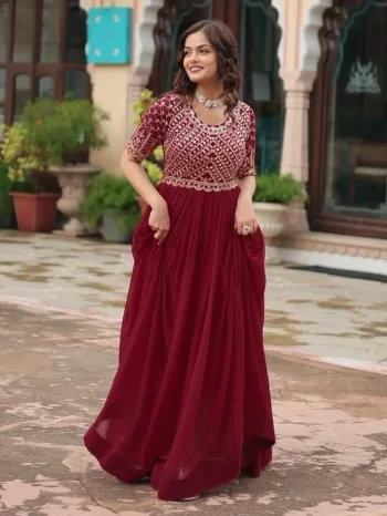 TRENDING FAUX BLOOMING EMBROIDERY ZARI SEQUENCE WORK GOWN MAROON
