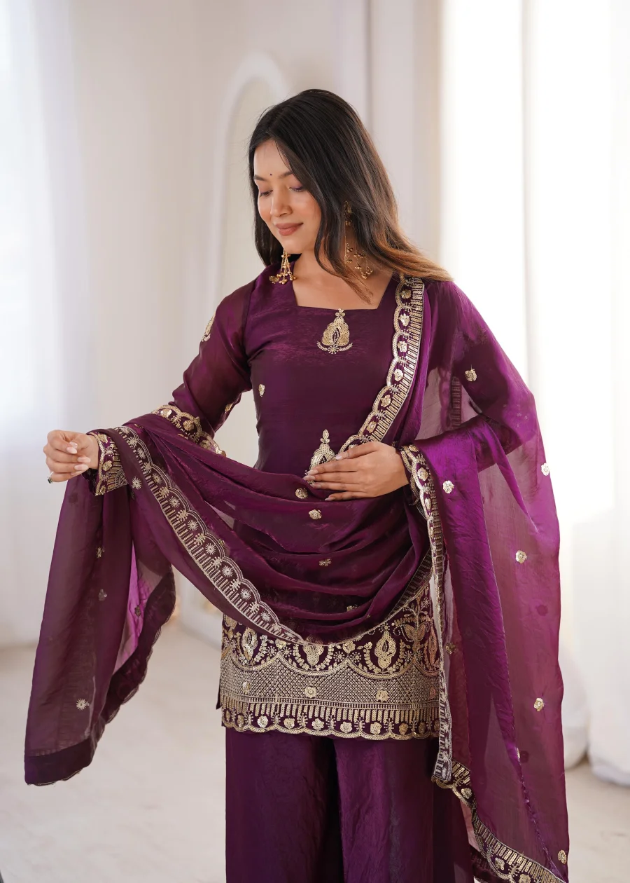 TRENDING FENDY SILK EMBROIDERY SEQUENCE WORK TOP PALAZZO WITH DUPATTA WEDDING WEAR WHOLESALE PRICE ETHNIC GARMENT (1)