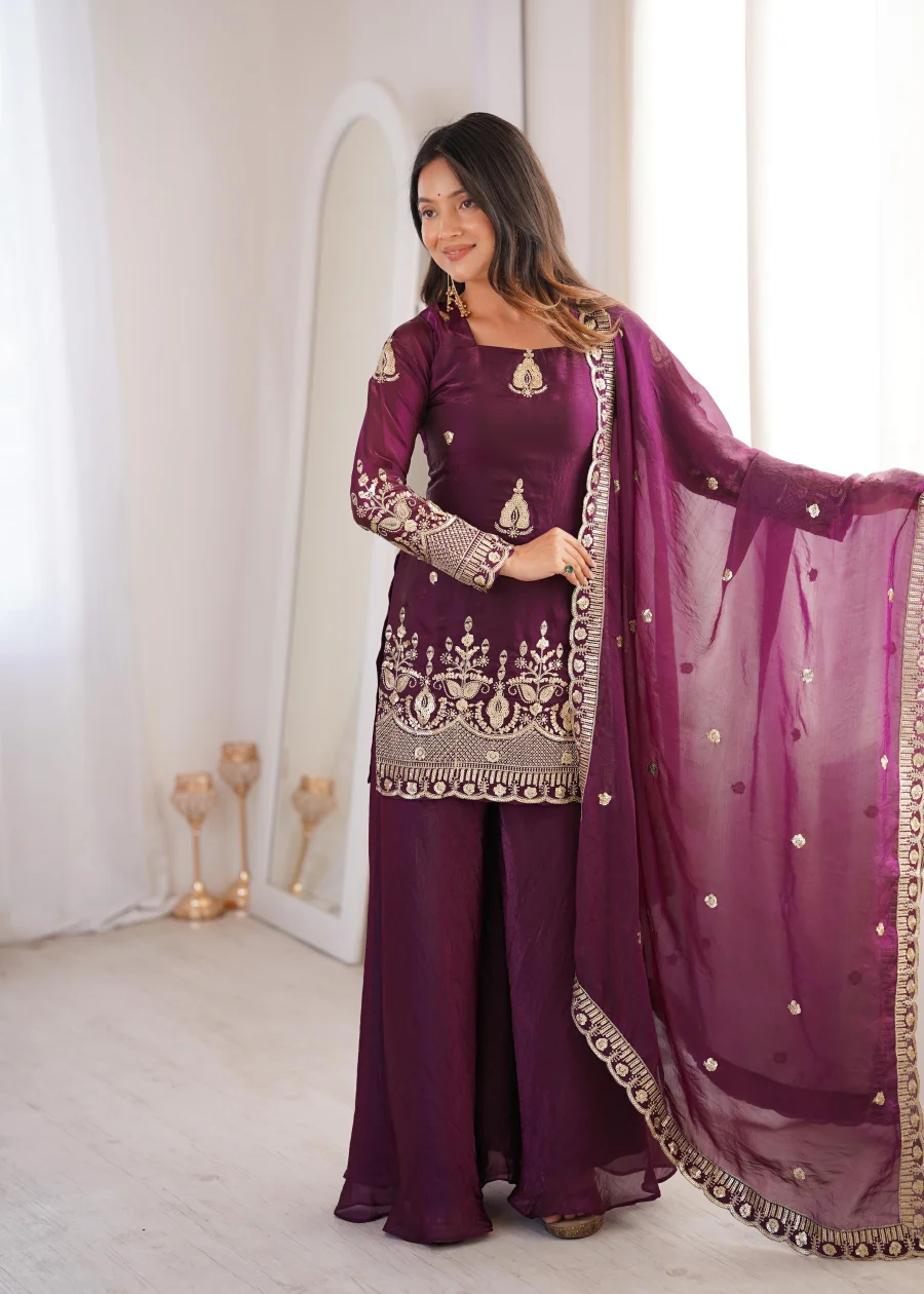 TRENDING FENDY SILK EMBROIDERY SEQUENCE WORK TOP PALAZZO WITH DUPATTA WEDDING WEAR WHOLESALE PRICE ETHNIC GARMENT (2)