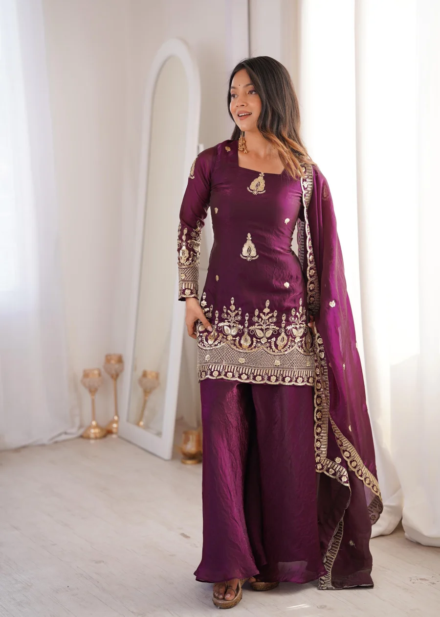 TRENDING FENDY SILK EMBROIDERY SEQUENCE WORK TOP PALAZZO WITH DUPATTA WEDDING WEAR WHOLESALE PRICE ETHNIC GARMENT (5)