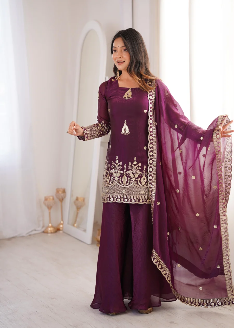 TRENDING FENDY SILK EMBROIDERY SEQUENCE WORK TOP PALAZZO WITH DUPATTA WEDDING WEAR WHOLESALE PRICE ETHNIC GARMENT (7)
