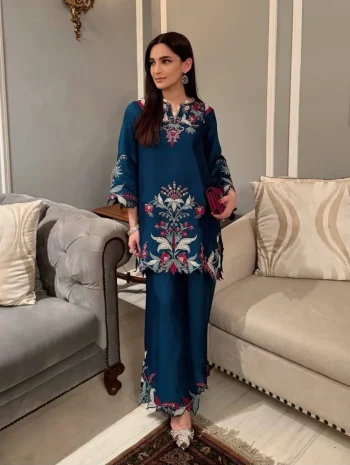 TRENDING FRENCH CREPE EMBROIDERY AND CUT WORK CO-ORD SET NAVY BLUE
