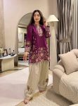 TRENDING FRENCH CREPE EMBROIDERY WORK TOP PATIYALA SET PURPLE AND OFF WHITE