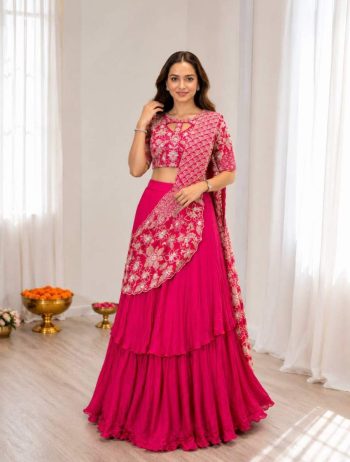 TRENDING FRENCH CREPE SILK EMBROIDERY SEQUENCE WORK LEHENGA SAREE WITH STITCHED BLOUSE RANI