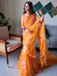 TRENDING GEORGETTE DIGITAL PRINT WORK LEHENGA SAREE WITH STITCHED BLOUSE AND ATTACHED DUPATTA ORANGE