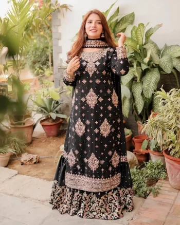 TRENDING GEORGETTE EMBROIDERED SEQUENCE WORK  TOP SHARARA WITH DUPATTA BLACK