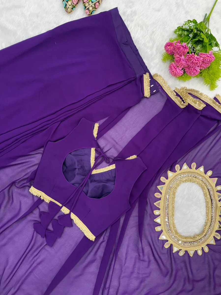 TRENDING GEORGETTE LACE ON BORDER & MIRROR LACE ON PALLU HANGING WORK DUAL STYLE READY TO WEAR SAREE WITH STITCHED BLOUSE PARTY WEAR WHOLESALE PRICE ETHNIC GARMENT (16)
