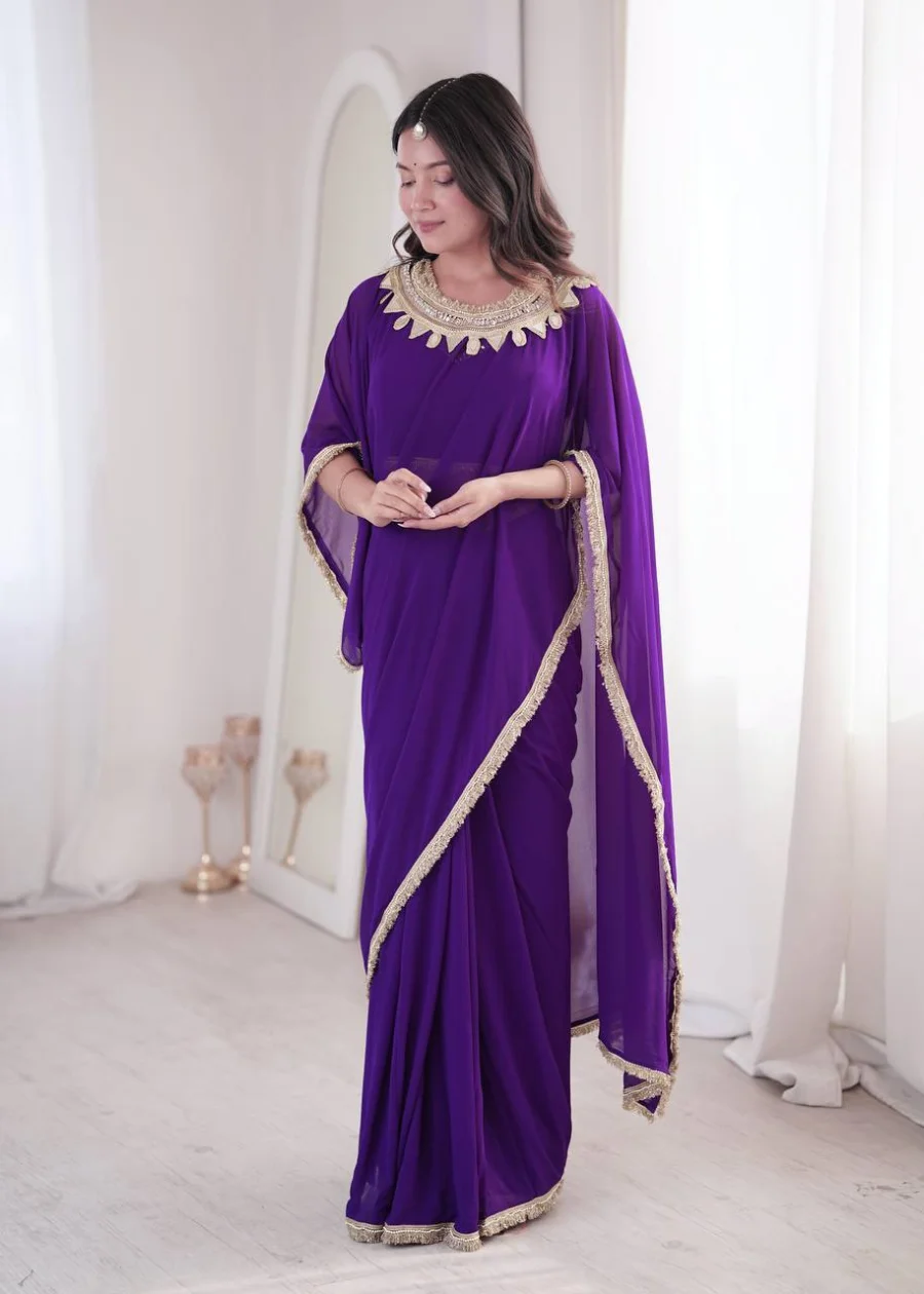 TRENDING GEORGETTE LACE ON BORDER & MIRROR LACE ON PALLU HANGING WORK DUAL STYLE READY TO WEAR SAREE WITH STITCHED BLOUSE PARTY WEAR WHOLESALE PRICE ETHNIC GARMENT (4)