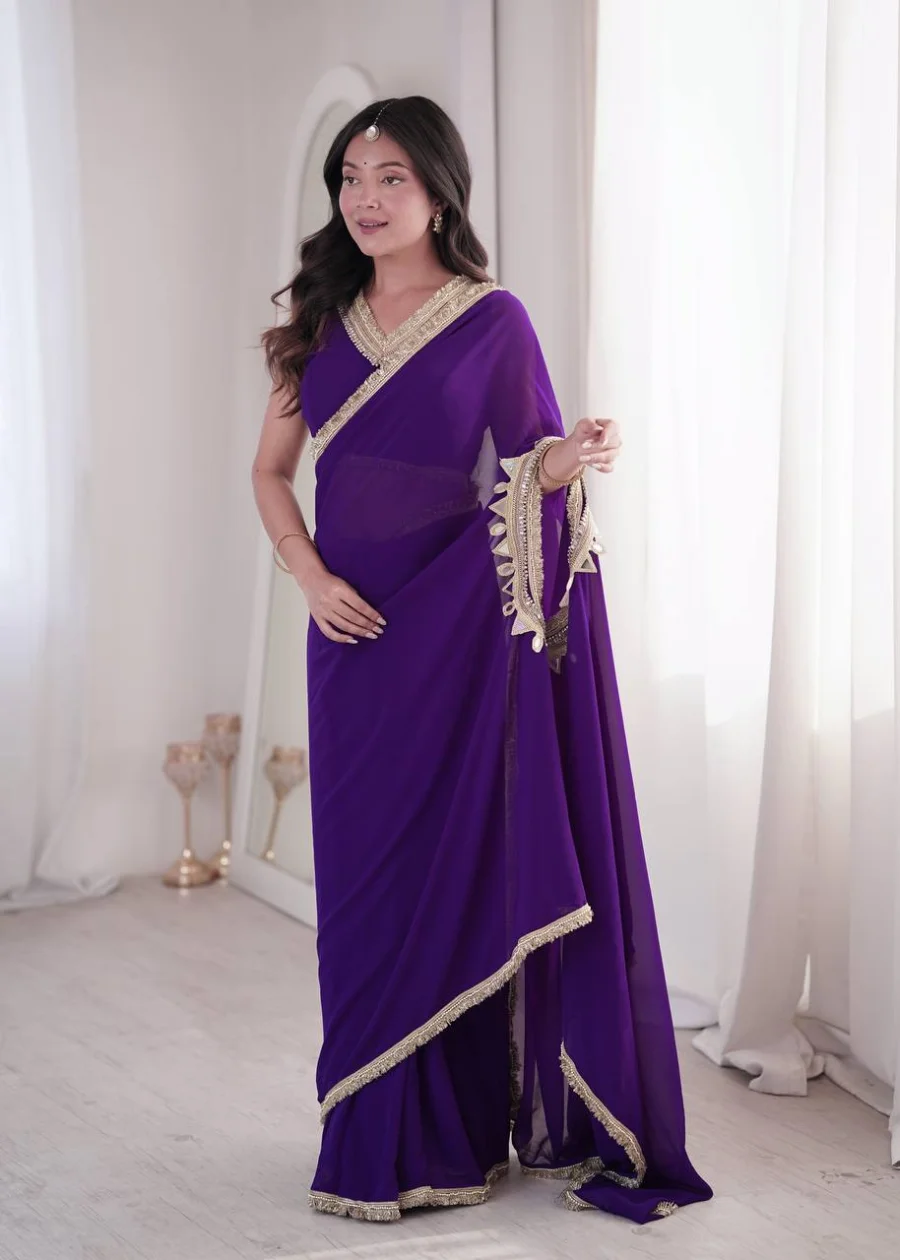 TRENDING GEORGETTE LACE ON BORDER & MIRROR LACE ON PALLU HANGING WORK DUAL STYLE READY TO WEAR SAREE WITH STITCHED BLOUSE PARTY WEAR WHOLESALE PRICE ETHNIC GARMENT (5)