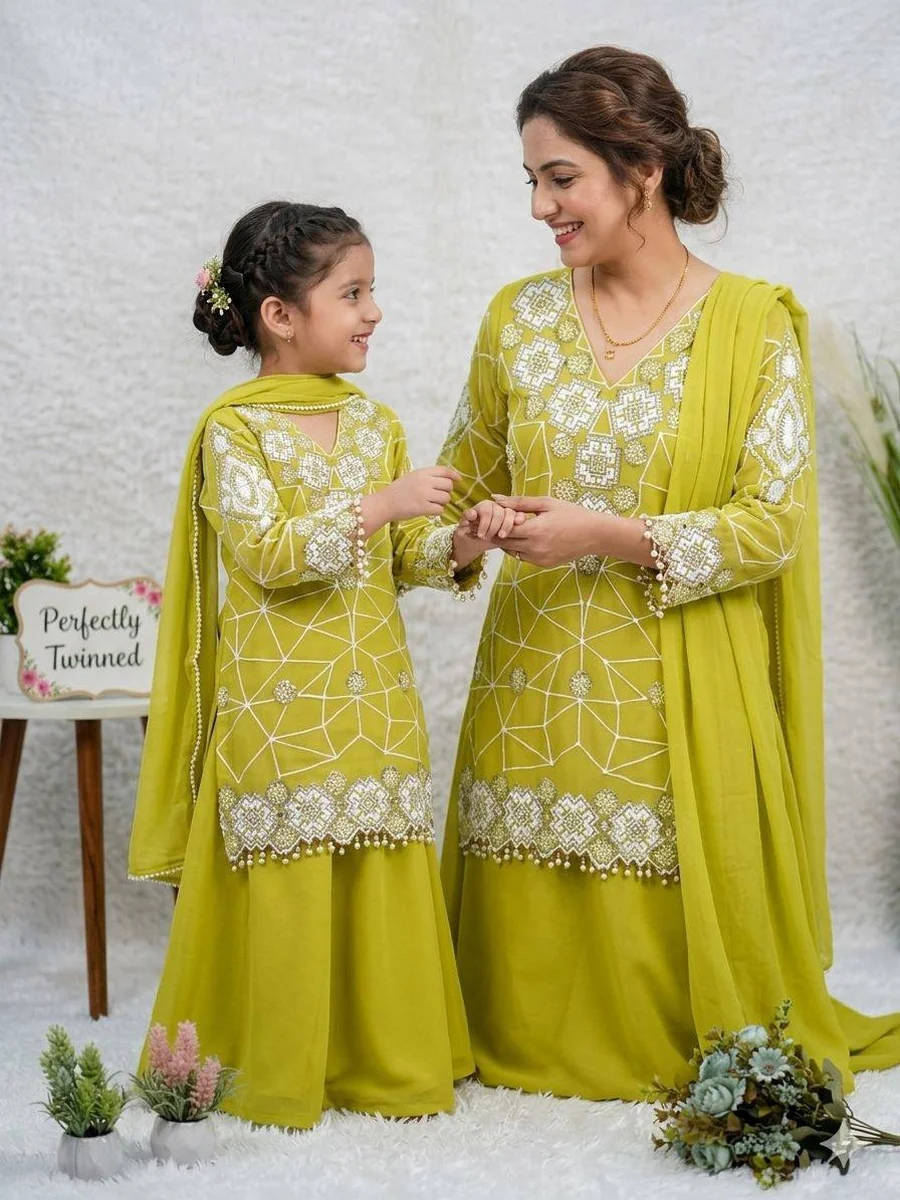 TRENDING GEORGETTE SEQUENCE EMBROIDERY WORK MOTHER DAUGHTER SET FESTIVE WEAR WHOLESALE PRICE ETHNIC GARMENT (2)