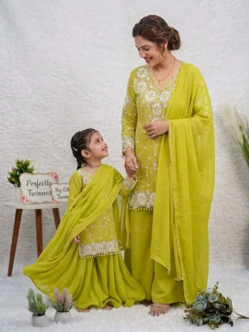 TRENDING GEORGETTE SEQUENCE EMBROIDERY WORK MOTHER DAUGHTER SET LEMON