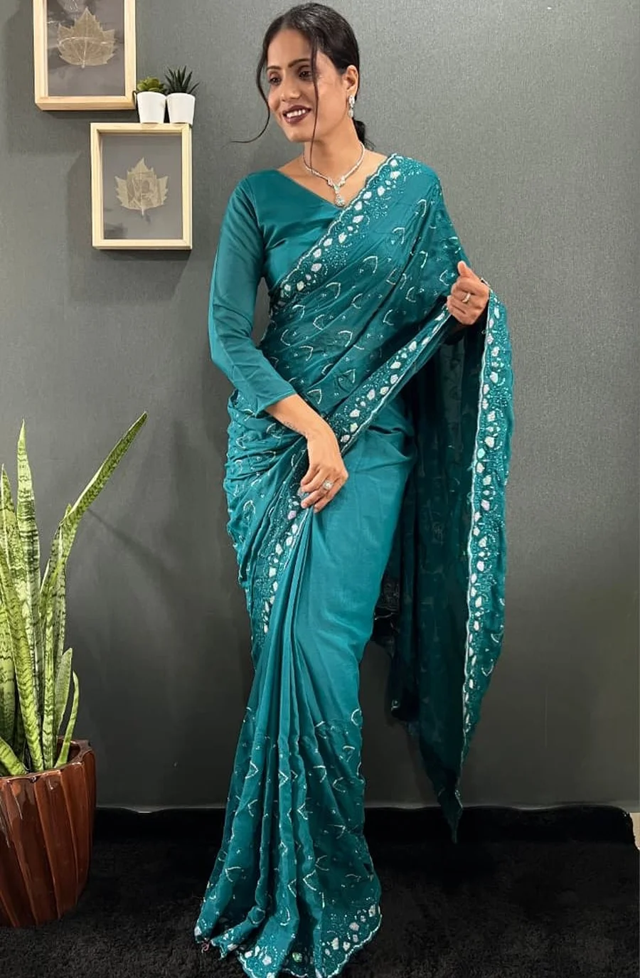 TRENDING GEORGETTE SILK EMBROIDERY MULTI SEQUENCE &CUT WORK READY TO WEAR SAREE WITH UNSTITCHED BLOUSE FESTIVE WEAR WHOLESALE PRICE ETHNIC GARMENT (1)