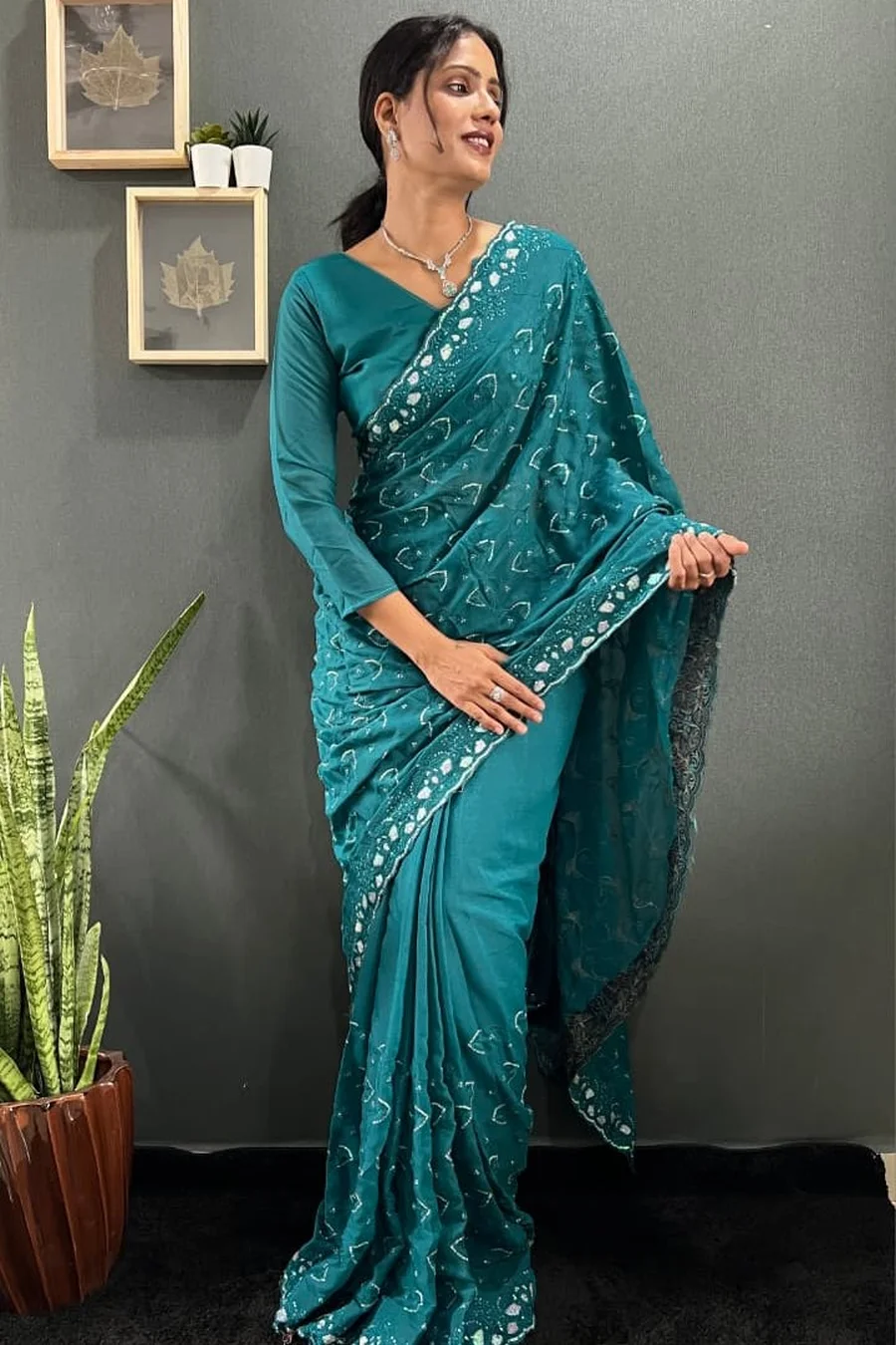 TRENDING GEORGETTE SILK EMBROIDERY MULTI SEQUENCE &CUT WORK READY TO WEAR SAREE WITH UNSTITCHED BLOUSE FESTIVE WEAR WHOLESALE PRICE ETHNIC GARMENT (2)
