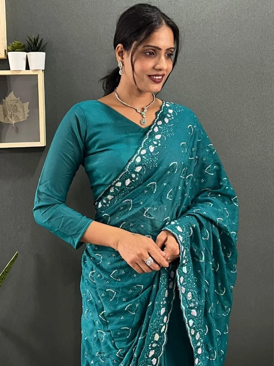 TRENDING GEORGETTE SILK EMBROIDERY MULTI SEQUENCE &CUT WORK READY TO WEAR SAREE WITH UNSTITCHED BLOUSE FESTIVE WEAR WHOLESALE PRICE ETHNIC GARMENT (4)