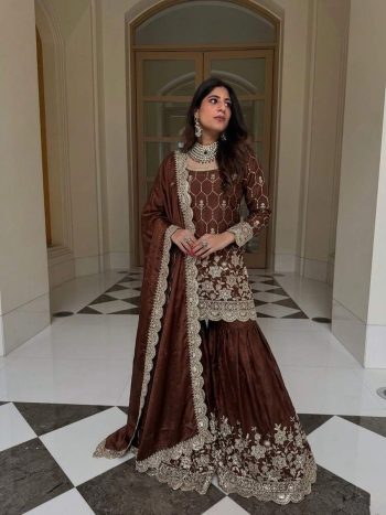 TRENDING GMY SILK EMBROIDERY SEQUENCE WITH REAL MIRROR HAND WORK TOP SHARARA WITH DUPATTA BROWN