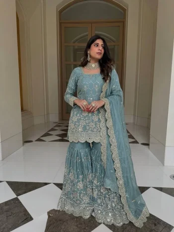 TRENDING GMY SILK EMBROIDERY SEQUENCE WITH REAL MIRROR HAND WORK TOP SHARARA WITH DUPATTA RAMA