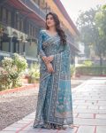 TRENDING LINENE COTTON FLOWERS DIGITAL PRINTED WORK SAREE WITH UNSTITCHED BLOUSE FESTIVE WEAR WHOLESALE PRICE ETHNIC GARMENT (4)