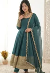 TRENDING NATURAL CREPE SEQUENCE AND CODING EMBROIDERY WORK GOWN BOTTOM WITH DUPATTA TEAL
