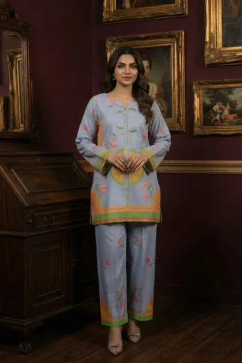 TRENDING POLY COTTON NATURAL DIGITAL PRINT WORK CO-ORD SET SKY