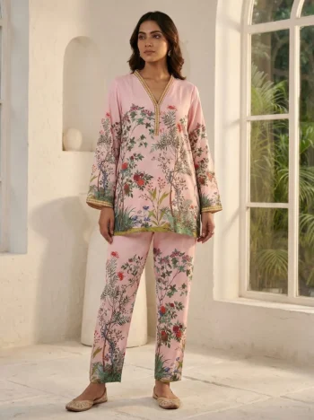 TRENDING POLY COTTON NATURAL DIGITAL PRINT WORK CO-ORD SET BABY PINK