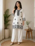 TRENDING RAYON COTTON EMBROIDERY WORK TOP PALAZZO SET WHITE AND BLACK