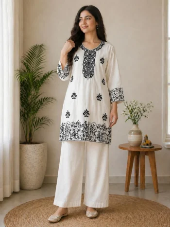 TRENDING RAYON COTTON EMBROIDERY WORK TOP PALAZZO SET WHITE AND BLACK