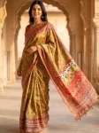TRENDING ROMAN SILK AJARAKH PRINT WITH  REAL MIRROR WORK SAREE WITH UNSTITCHED BLOUSE MUSTARD