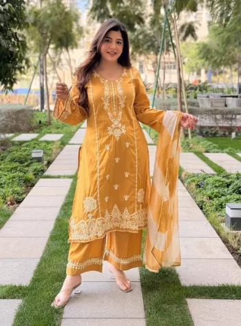 TRENDING ROMAN SILK EMBROIDERY WITH SCHIFLI LACE WORKTOP BOTTOM WITH DUPATTA YELLOW