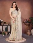 TRENDING SOFT SILK EMBROIDERY WITH CUTWORK BORDER SAREE WITH UNSTITCHED BLOUSE CREAM