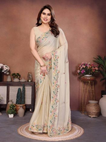 TRENDING SOFT SILK EMBROIDERY WITH CUTWORK BORDER SAREE WITH UNSTITCHED BLOUSE CREAM