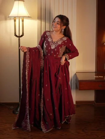 TRENDING VICHITRA BEADS SEQUENCE EMBROIDERY WORK GOWN BOTTOM WITH DUPATTA MAROON