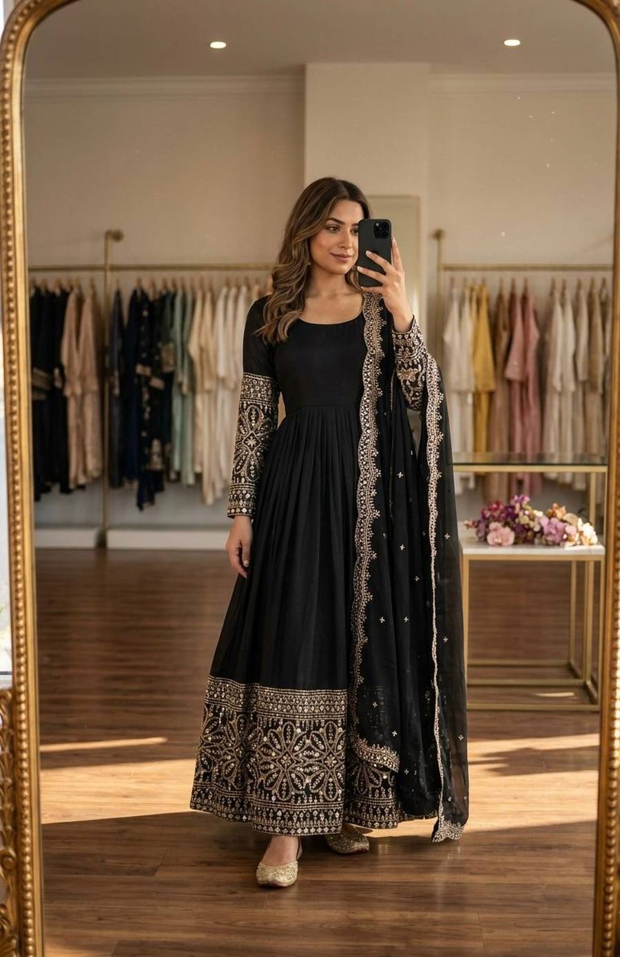 10DESIGNER CHINON SILK EMBROIDERY 5 MM SEQUENCE WITH REAL MIRROR WORK GOWN BOTTOM WITH DUPATTA FESTIVE WEAR WHOLESALE PRICE ETHNIC GARMENT (12)